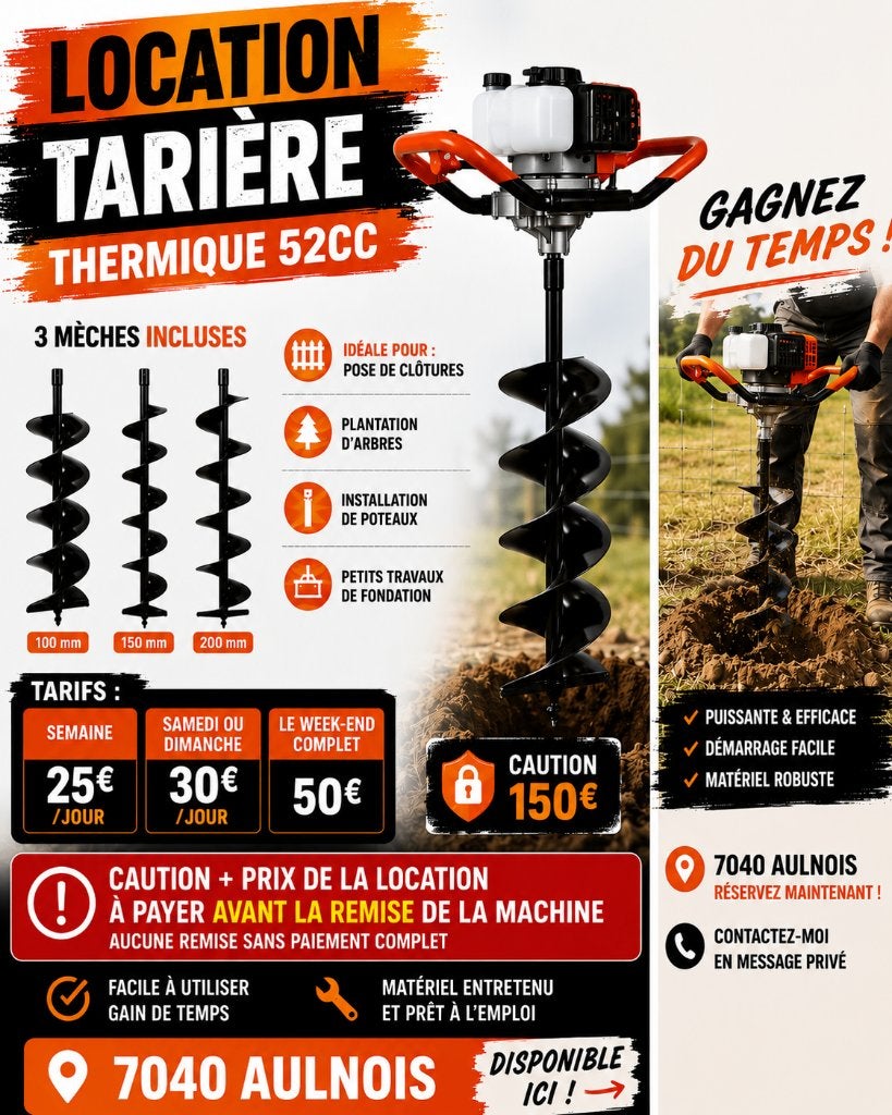 Tarière thermique 52cc – Location, Enlèvement, Neuf, Tarière