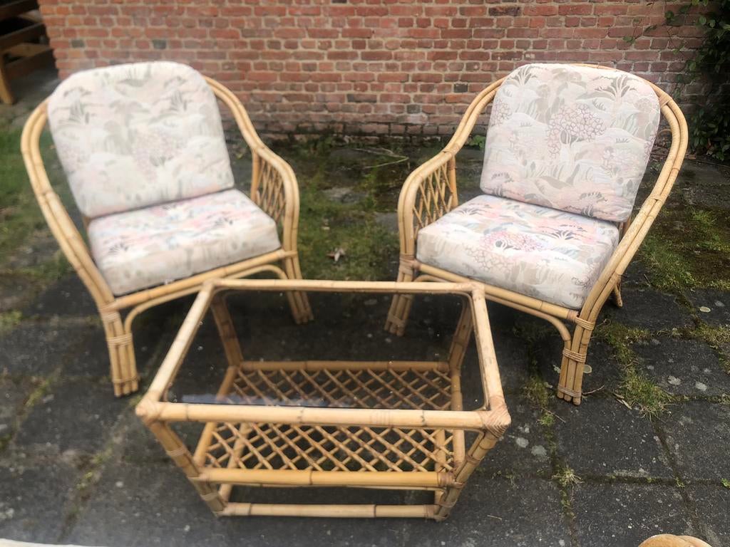 Rotan set zetels, 2x enkel, 1x dubbel, salontafel, Tuin en Terras, Ophalen, Gebruikt, Rotan