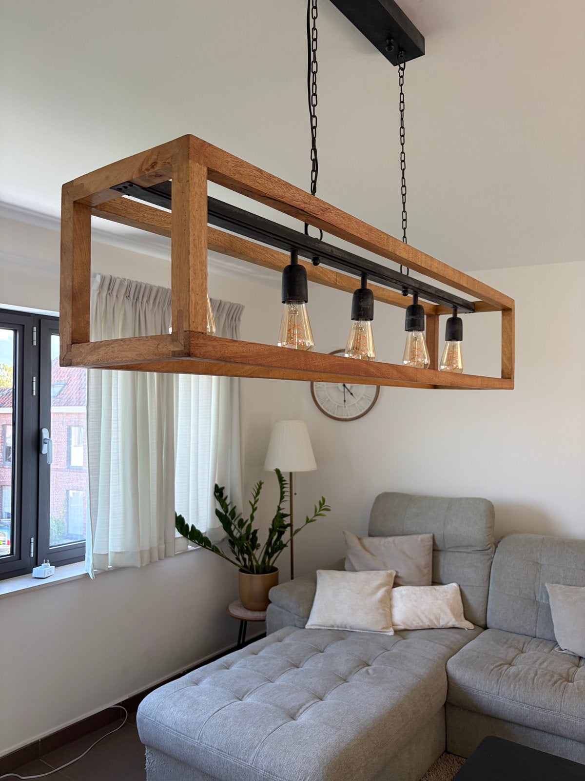 Luster- Houten met zwart ijzeren frame, Ophalen, Zo goed als nieuw
