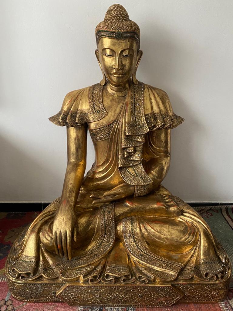 Grote Boudha Mandallay 105x90x60cm 55kg hout bladgoud, Ophalen, Gebruikt