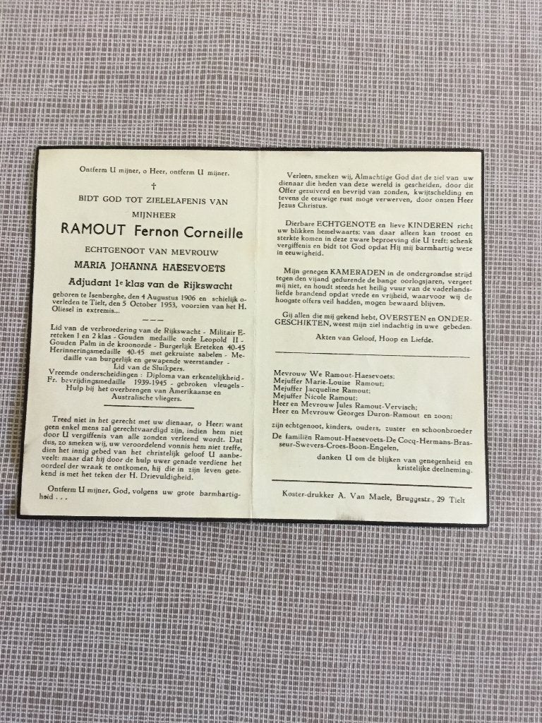 Rijkswachter Corneille Izenberge +Tielt 1953.  Haesevoets, Verzamelen, Bidprentjes en Rouwkaarten, Verzenden, Bidprentje