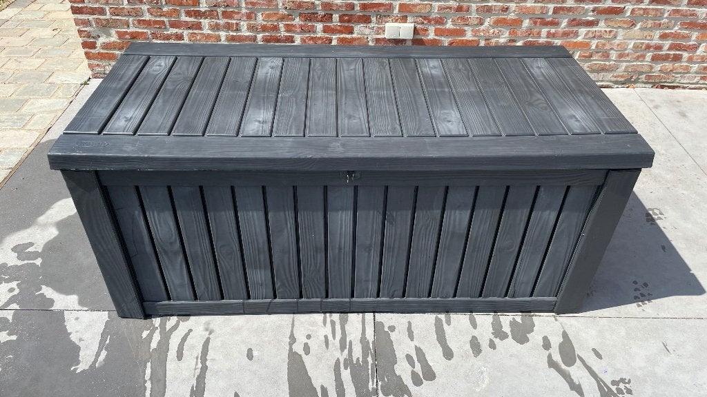 Keter westwood tuinbox 570l antraciet 155x72.4x64.4, Jardin & Terrasse, Enlèvement, Utilisé, Synthétique, Stockage de conteneurs