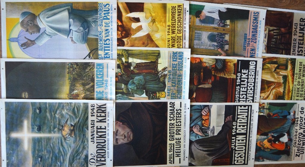 12 posters met boodschappen der RK kerk. 1948, Verzamelen, Ophalen