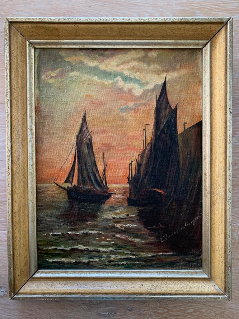 Schilderij boot avondrood zeilboot VANOELINGEN, Ophalen of Verzenden