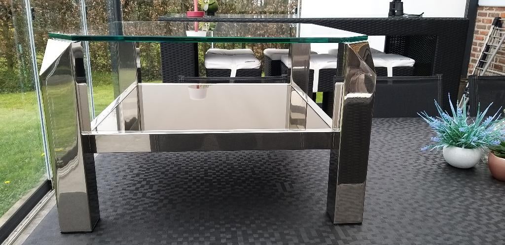 Table basse en métal doré 23 carats, Moins de 50 cm, Klassiek, Verre, 50 à 100 cm