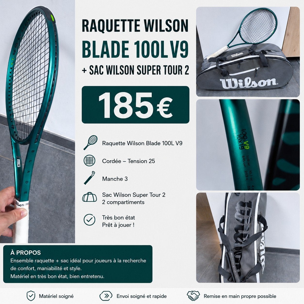 Lot Tennis Wilson Blade 100L V9 + Sac SuperTour, Enlèvement ou Envoi
