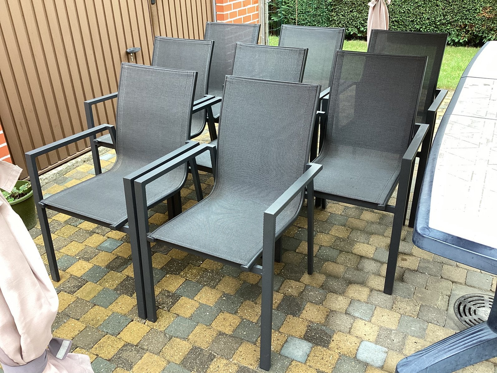 8 chaises de jardin empilables avec accoudoirs en textile, Enlèvement, Comme neuf, Textilène