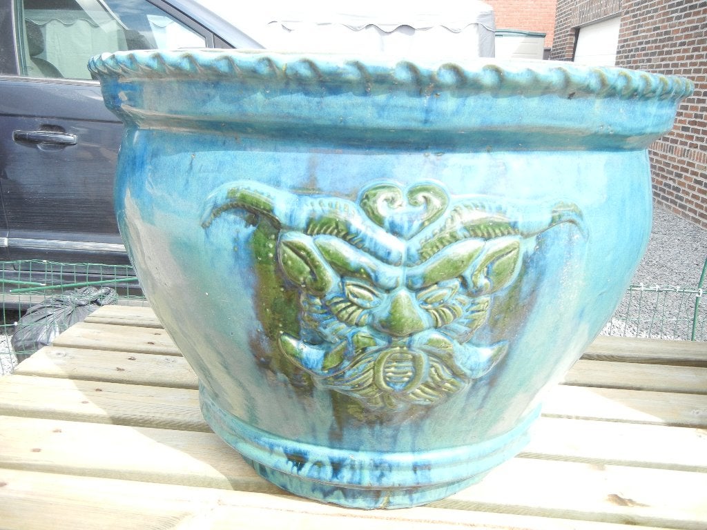 bloempot blauw glazuur groot, Tuin en Terras, Ophalen, 40 cm of meer, Rond, Zo goed als nieuw
