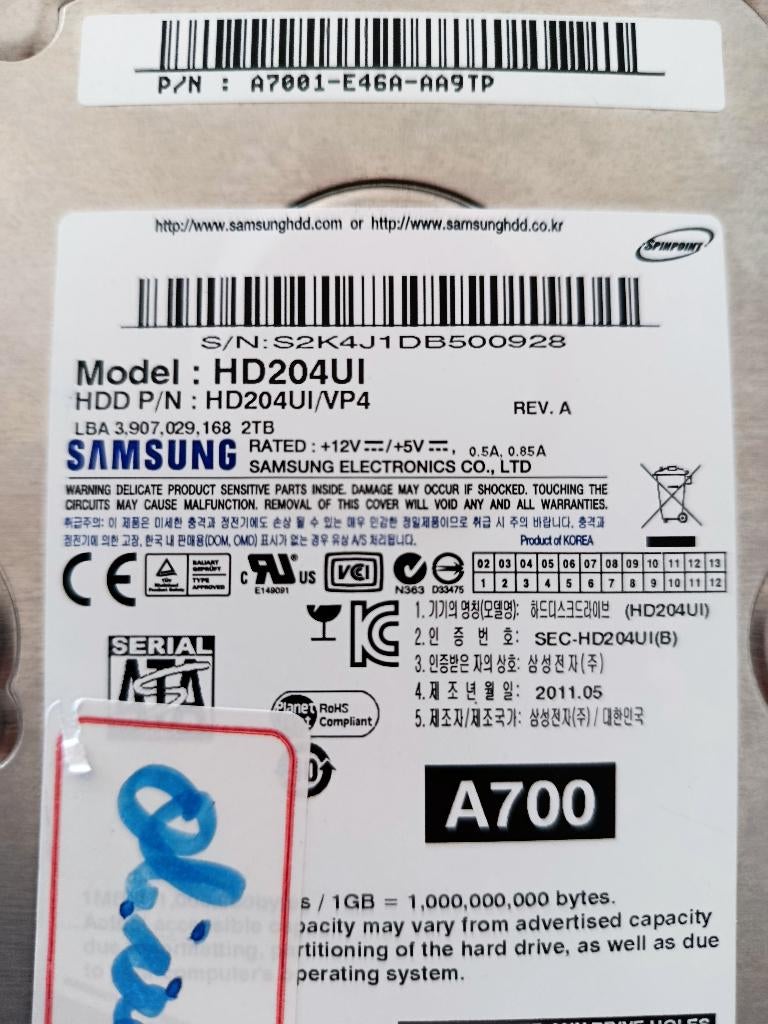 disque dur hdd 2T, Ophalen, Intern, Gebruikt, Samsung