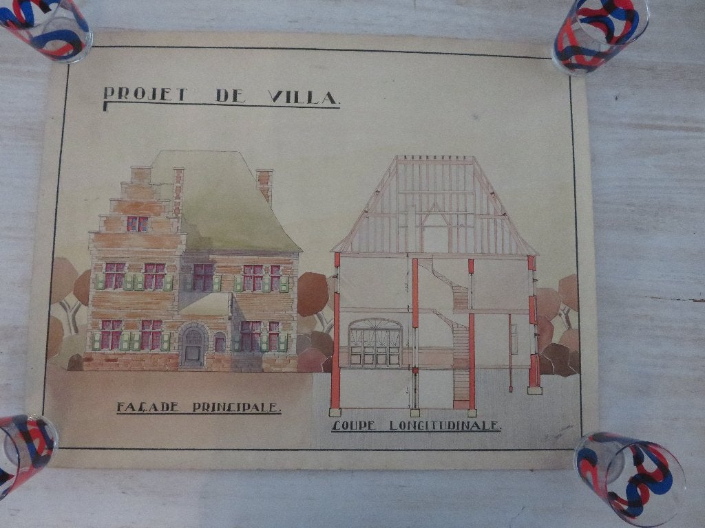 2 grote poster Architectuur Projet de Villa 1929 regio Liege, Verzamelen, Ophalen of Verzenden, Zo goed als nieuw, Gebouw, Voor 1940