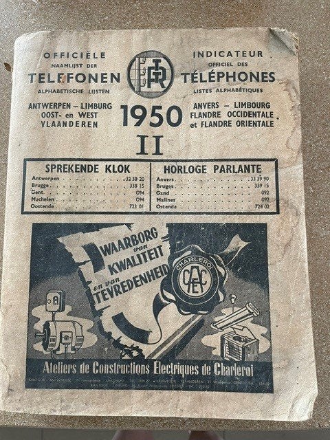 UNIEK TELEFOONBOEK 1950(RTT) Regio Antwerpen en Vlaanderen, Ophalen of Verzenden