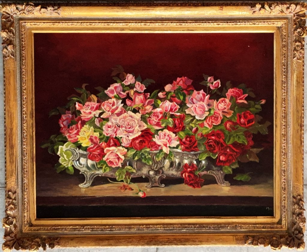 Rosen in silberner Schale - Erich Krüger (95x79), Antiquités & Art, Enlèvement ou Envoi, Peinture à l'huile, Réaliste, Toile