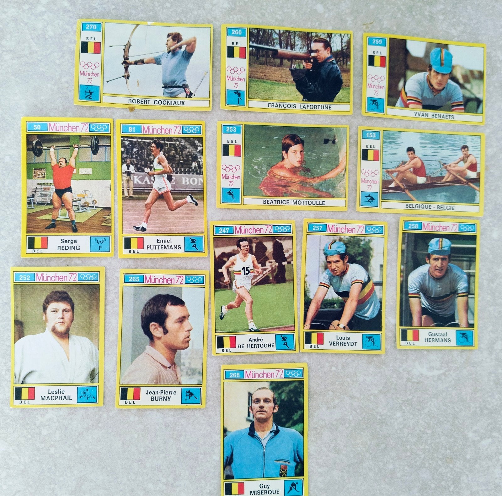 13 oude Panini plaatjes München 72 Belgische atleten, Ophalen of Verzenden