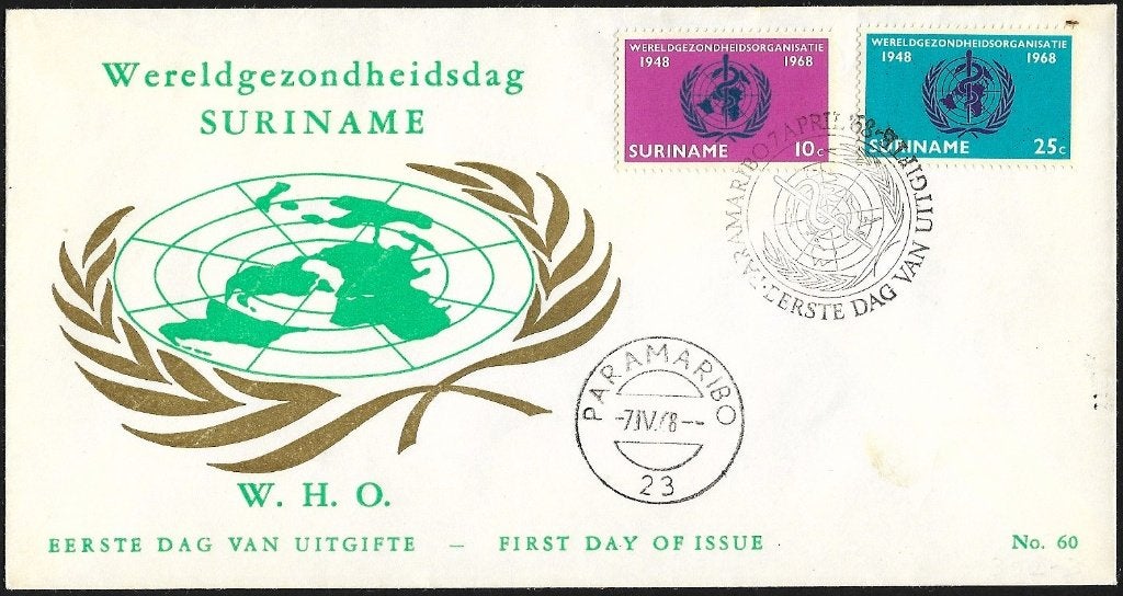 1968 - SURINAME - FDC 20 ans OMS [Y&T 476/477], Timbres & Monnaies, Timbres | Surinam, Envoi, Non oblitéré