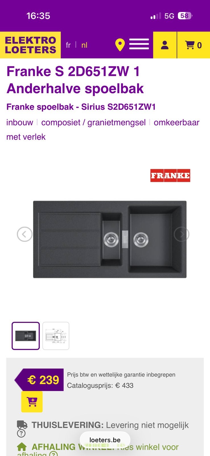 Spoelbak franke, Ophalen, Zo goed als nieuw, Zwart