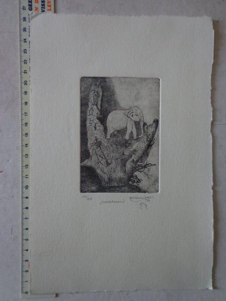 leuke ets van G. De Backer "Keverboom" uit 1978, Antiquités & Art, Art | Eaux-fortes & Gravures, Eau-forte, Numéroté, Signé, Vie quotidienne