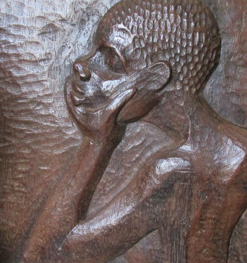Afrikaans houtsnijwerk op paneel (gesigneerd), Houtsnijwerk, Handgemaakt, Ophalen of Verzenden, Hout