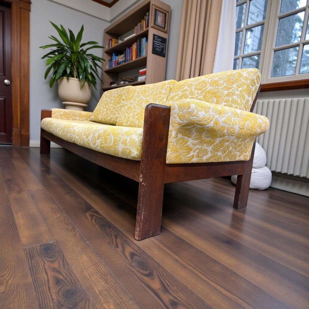 Vintage houten zetel / canapé / fauteuil met geel accent, Antiek en Kunst, Verzenden