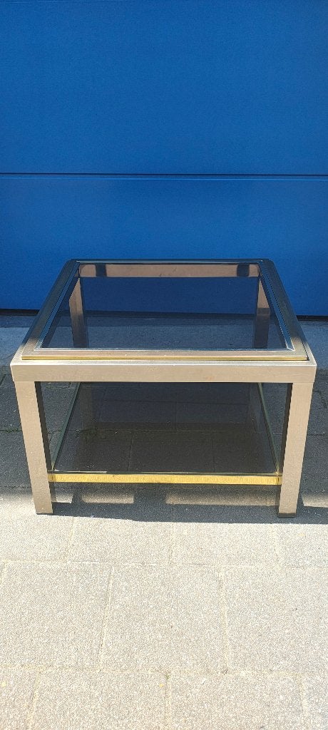 Design VINTAGE salontafel  Metaal  &  glas in fumé The 70ies, Huis en Inrichting, Tafels | Salontafels, Gebruikt, Vierkant, Glas