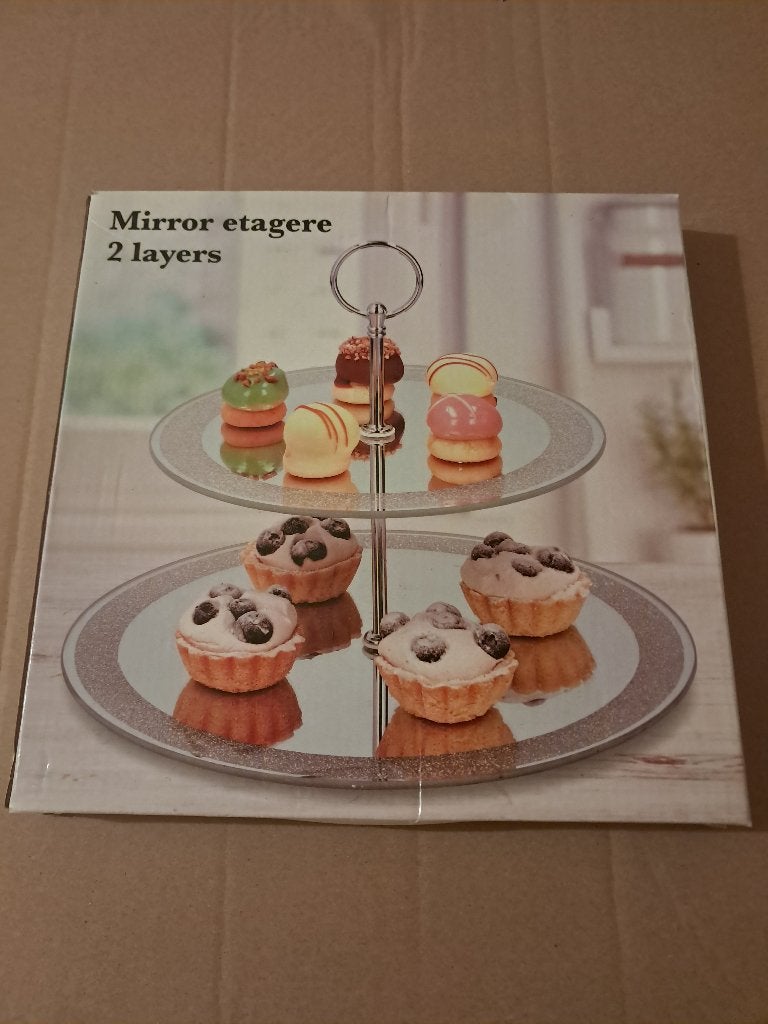 Un élégant présentoir de service à 2 étages en miroir- Neuf., Enlèvement, Neuf, Avec poignées, Plateau