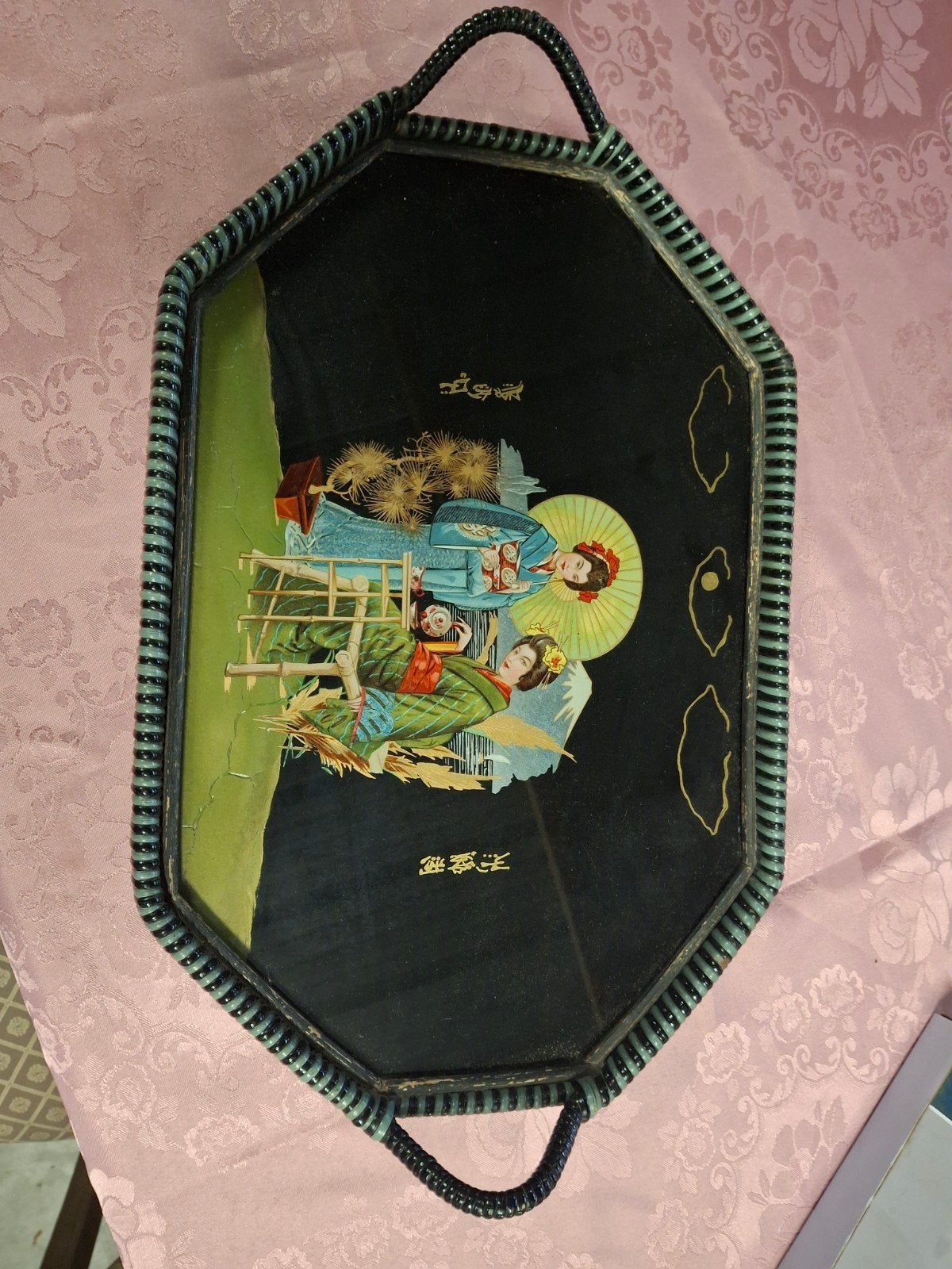 vintage dienblad in oosterse stijl J. 60 in metaal en hout, Ophalen