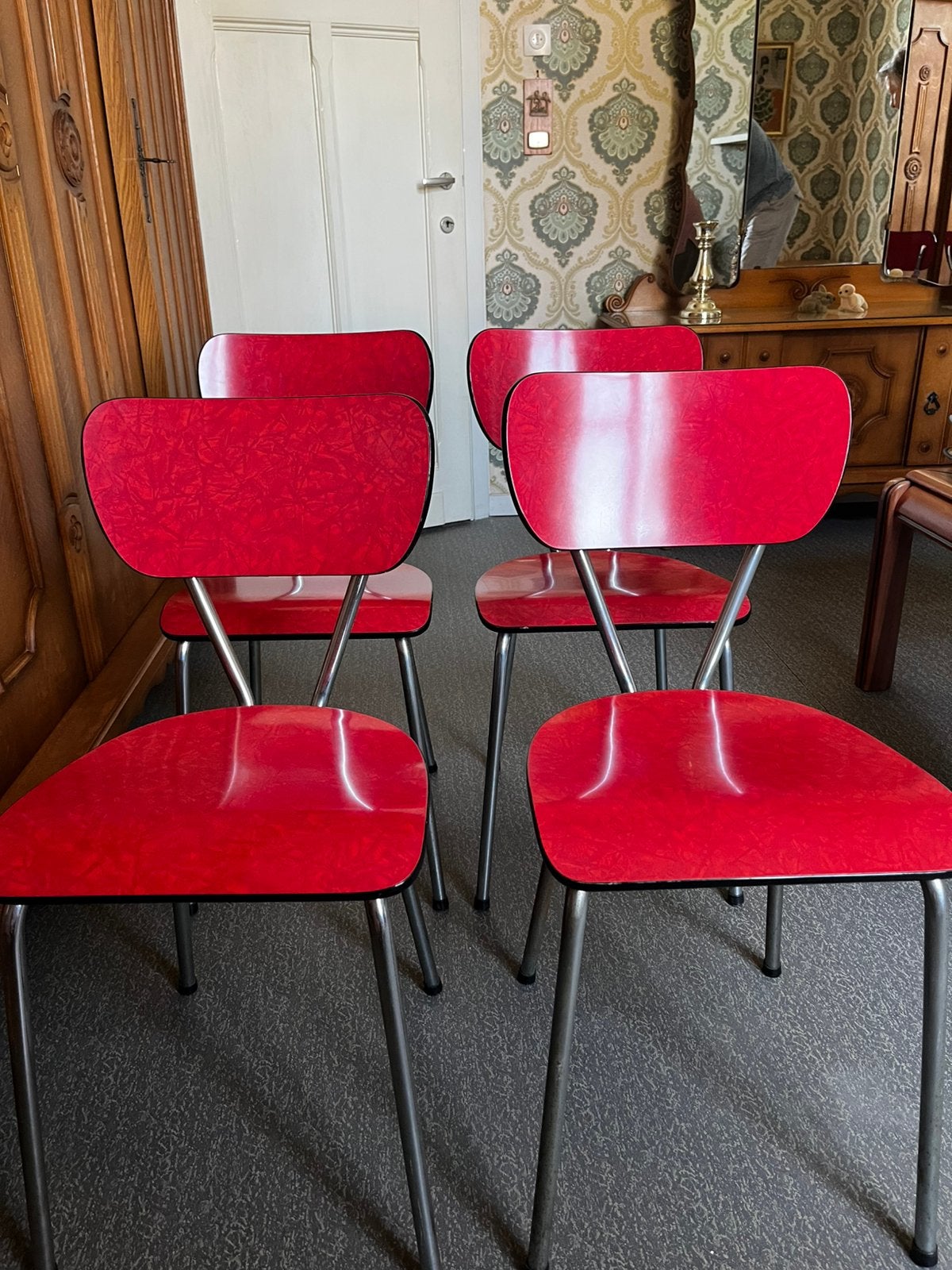 4 rode formica stoelen, Enlèvement, Comme neuf, Vintage
