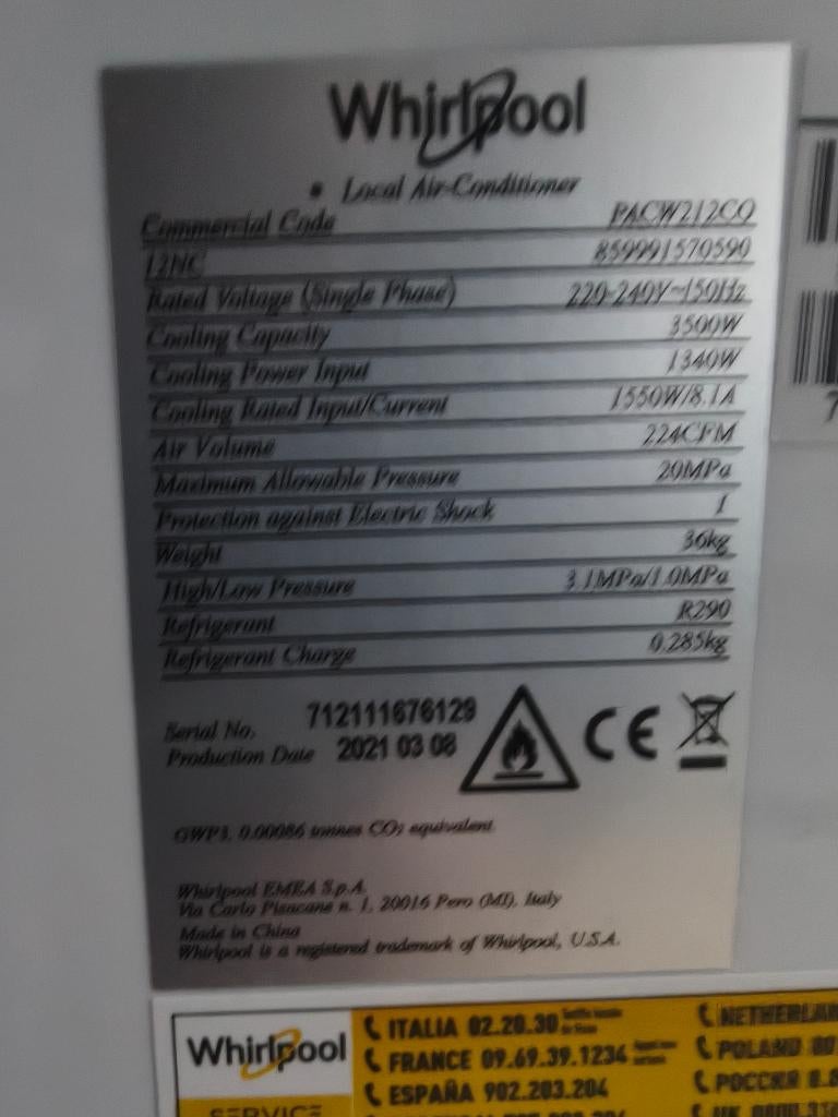 Mobiele Airco Whirlpool PACW212CO, Ophalen, Timer, 3 snelheden of meer, Zo goed als nieuw