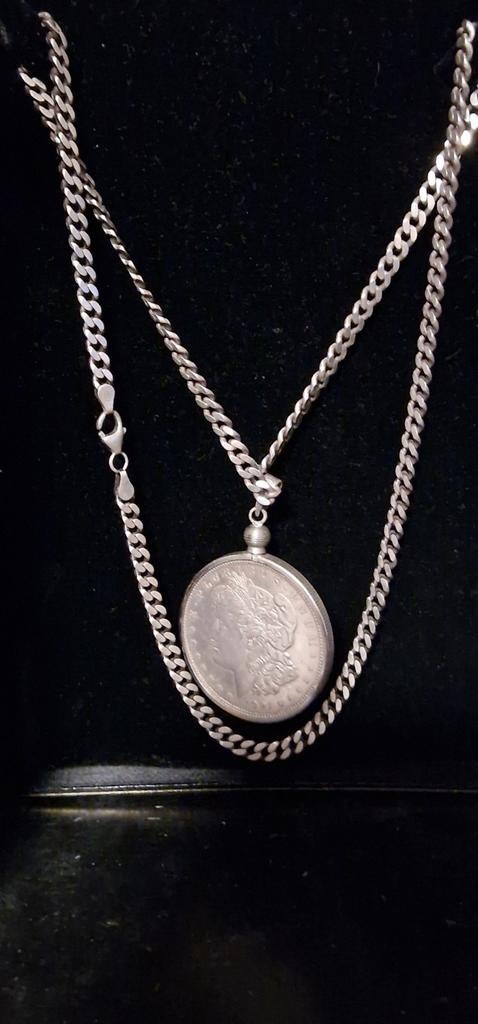 Zilver ketting met 1silver morgan dollar 1921 met opbergdoos, Verzenden, Zilver, Zilver
