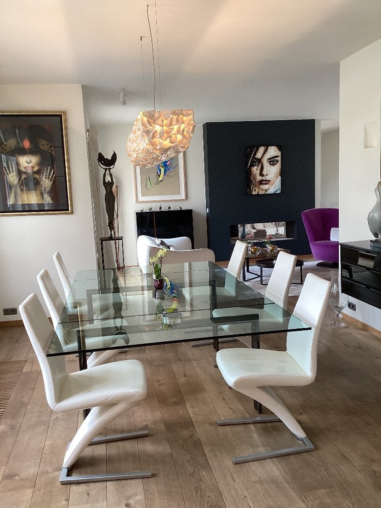 Glazen design tafel, Ophalen, 100 tot 150 cm, 200 cm of meer, Zo goed als nieuw