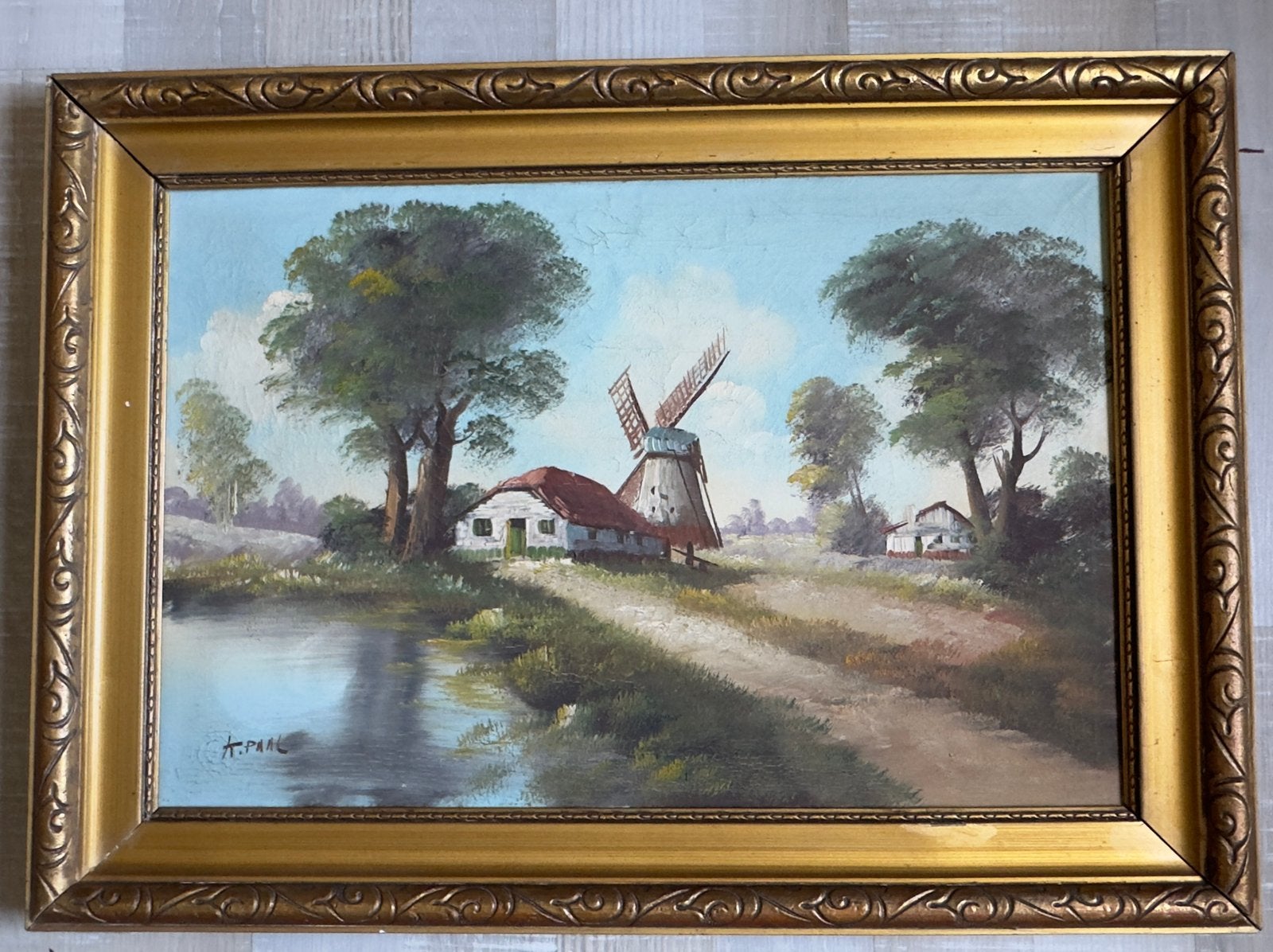 Schilderij Landschap : met molen aan water, Antiek en Kunst, Ophalen, Landschap