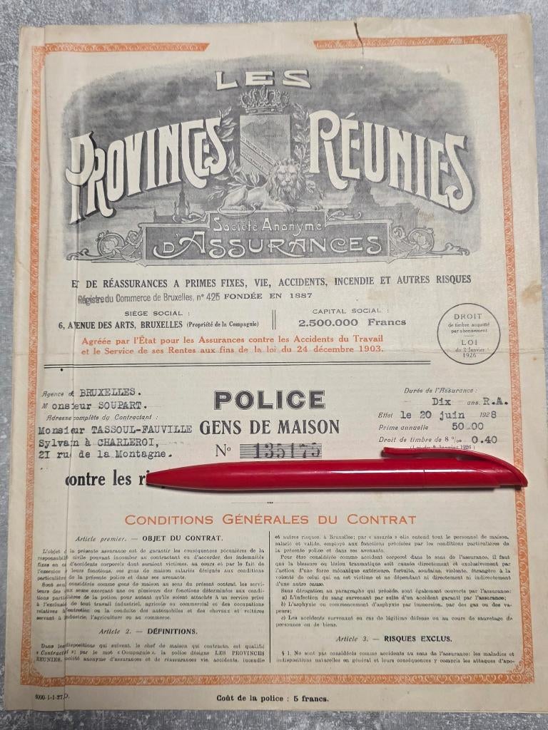 1928+Assurance+Provinces réunies, Timbres & Monnaies, Actions & Titres, Enlèvement, 1920 à 1950, Autres types