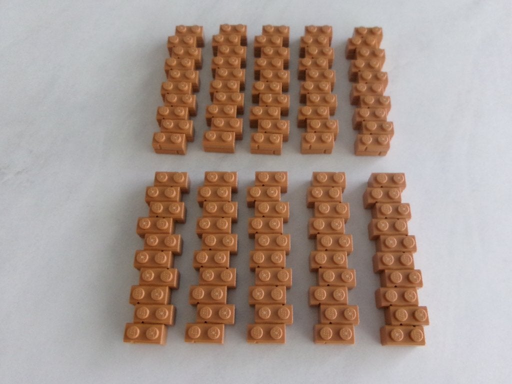100 medium nougat Lego 1 x 2 bakstenen profiel, Gebruikt, Lego, Ophalen of Verzenden, Losse stenen