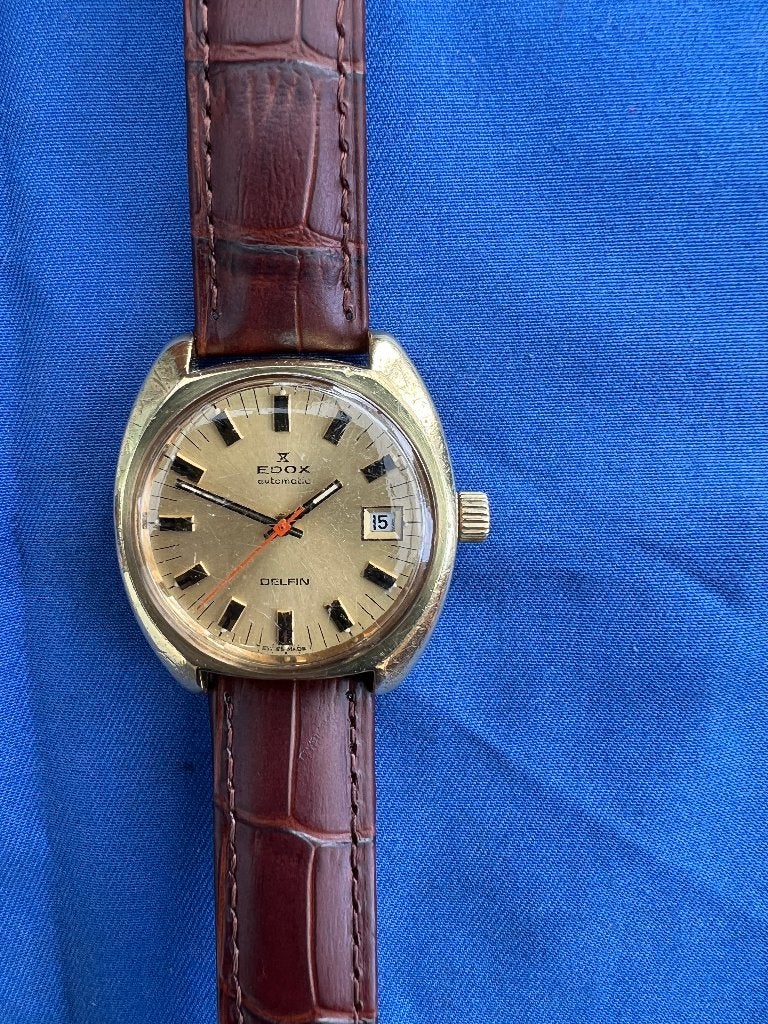 Edox Automatic Delfin Vintage Herenhorloge, Handtassen en Accessoires, Ophalen, Overige materialen, Leer, Polshorloge