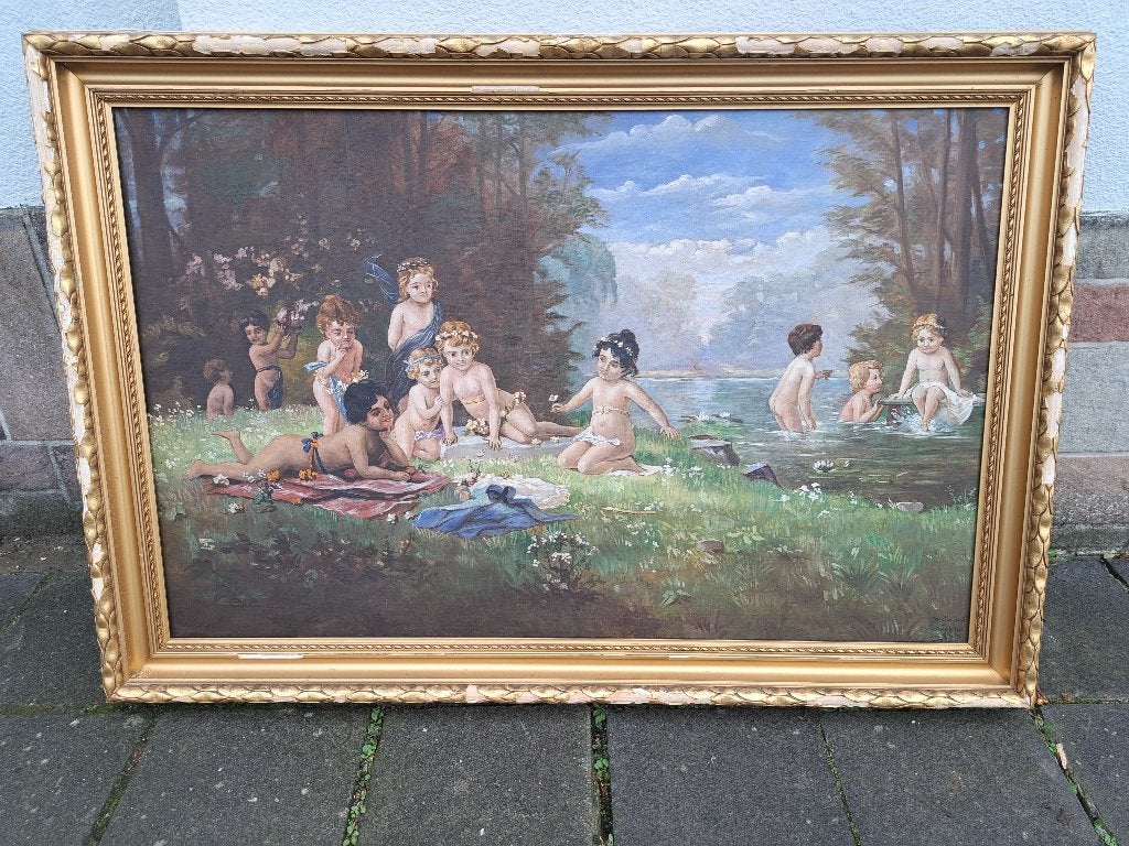 huile sur toile jeux d enfants signe rene ghist, Enlèvement, Toile