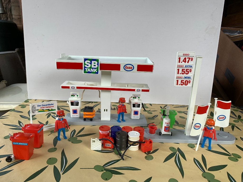 PLAYMOBIL: VINTAGESET BENZINESTATION ESSO, Kinderen en Baby's, Gebruikt, Gebouw, Losse onderdelen, Ophalen of Verzenden