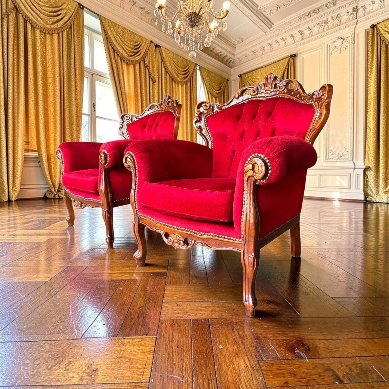 Ensemble de 2 fauteuils/sièges  baroques rouges vintage, Enlèvement