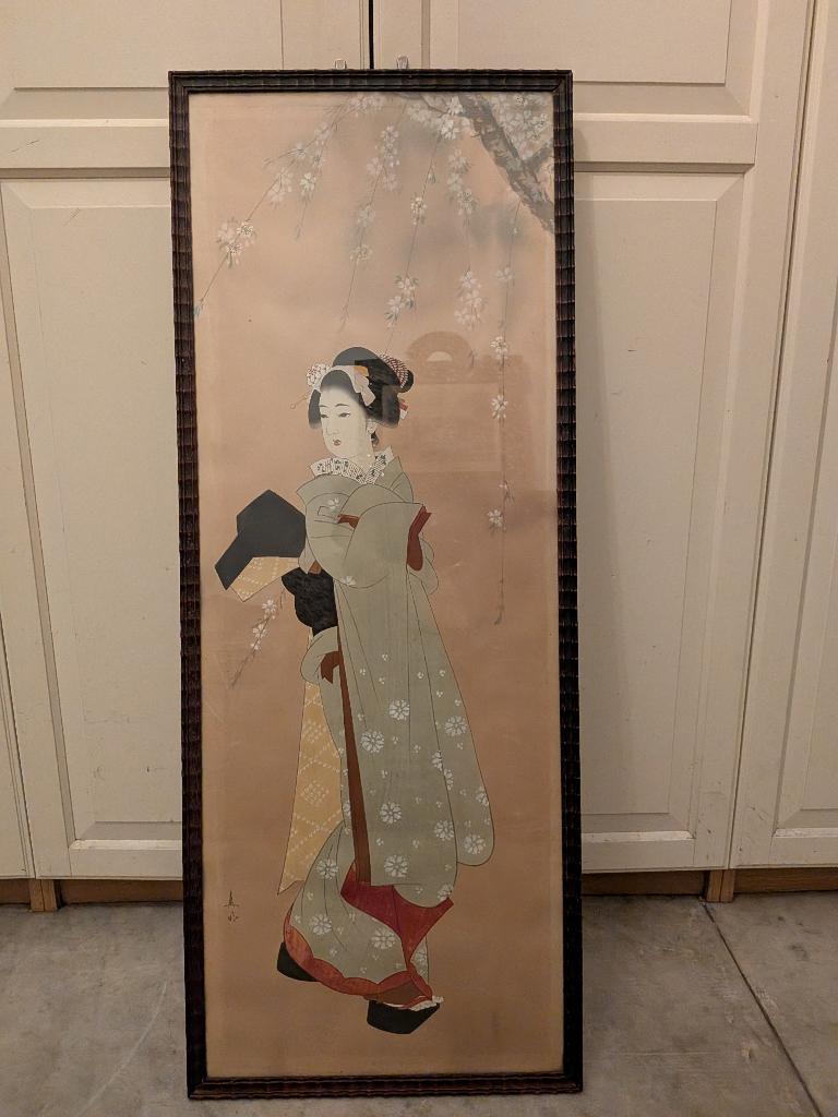 Antiek traditioneel Japans schilderij van een geisha, zijde, Ophalen of Verzenden
