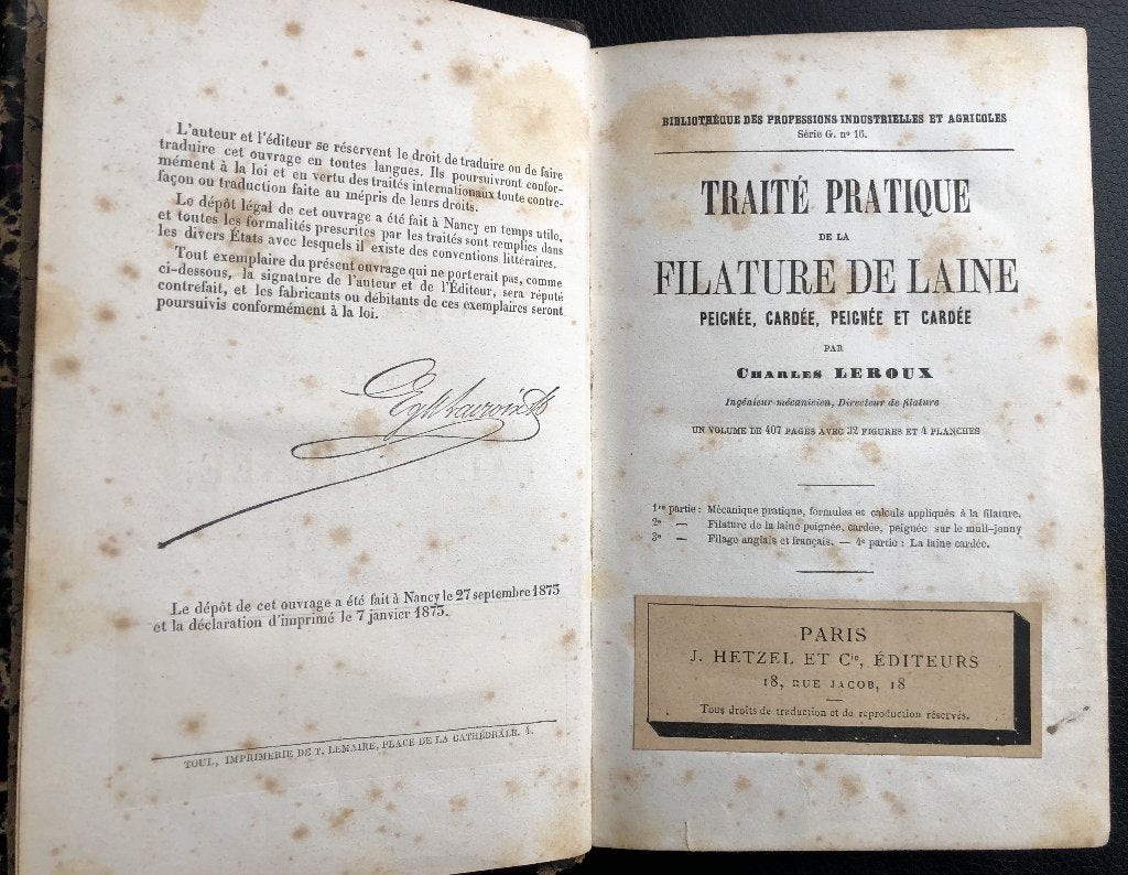 Praktische verhandeling Wol spinnen Charles Leroux  1873, Ophalen, Charles Leroux