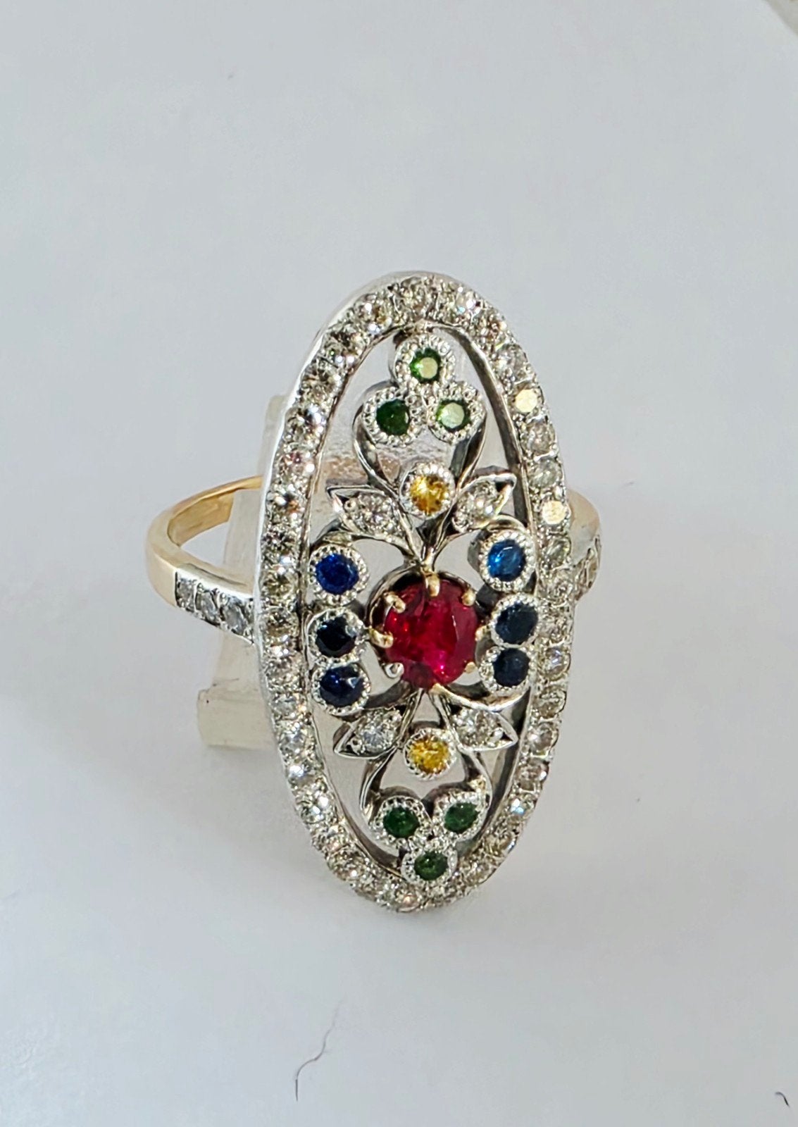Exclusieve ring met spinel, saffieren,  tsavorieten, diamant, Handtassen en Accessoires, Ophalen of Verzenden, Blauw, Goud