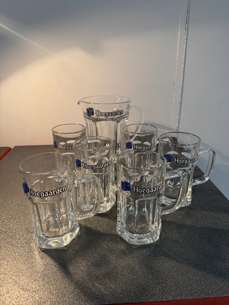 Hoegaarden glazen set – 6 glazen + originele schenkkan, Verzamelen, Ophalen, Nieuw, Bierglas