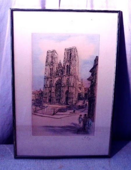 Belle gravure colorée « Cathédrale espagnole » - Rey, Enlèvement ou Envoi, Vue urbaine, Eau-forte, Encadré