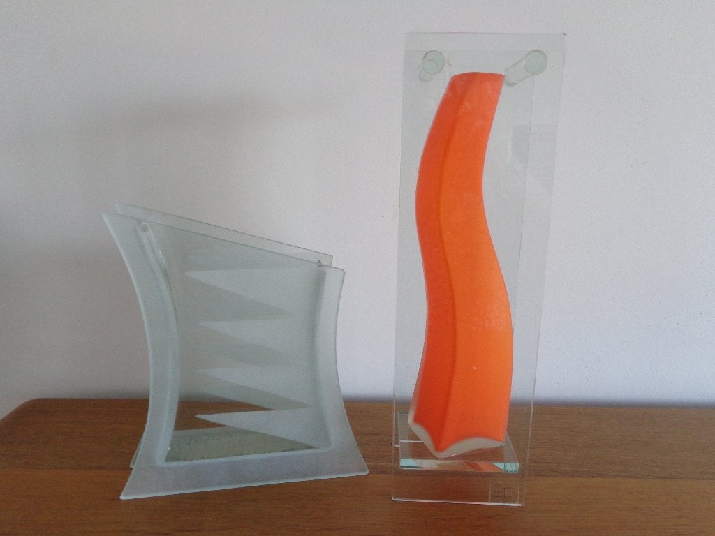 Lot de 2 vases modernes en verre, Huis en Inrichting, Ophalen, 29 cm, Gebruikt, Oranje