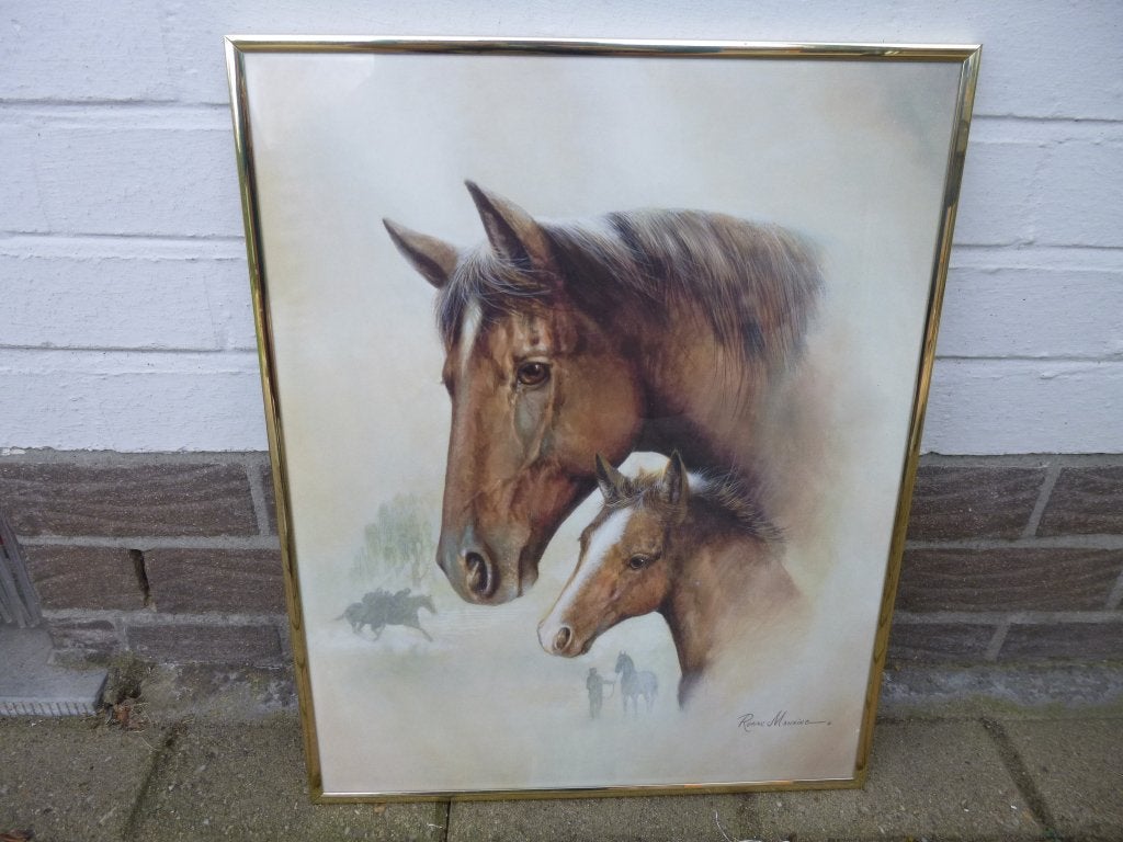 Paard en veulen., Antiek en Kunst, Ophalen, Print, Dieren