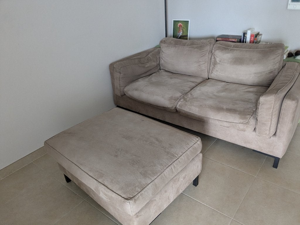 Knusse zetel 180cm met hocker 88cm, lichtbruin, Huis en Inrichting, Ophalen, Gebruikt, Hout, 150 tot 200 cm