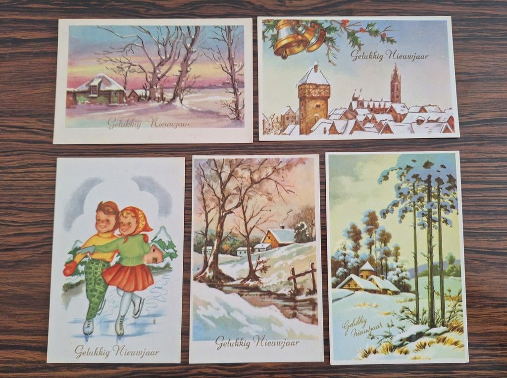 5 mooie oude postkaarten Gelukkig Nieuwjaar postkaart kaart, Verzamelen, Ophalen of Verzenden