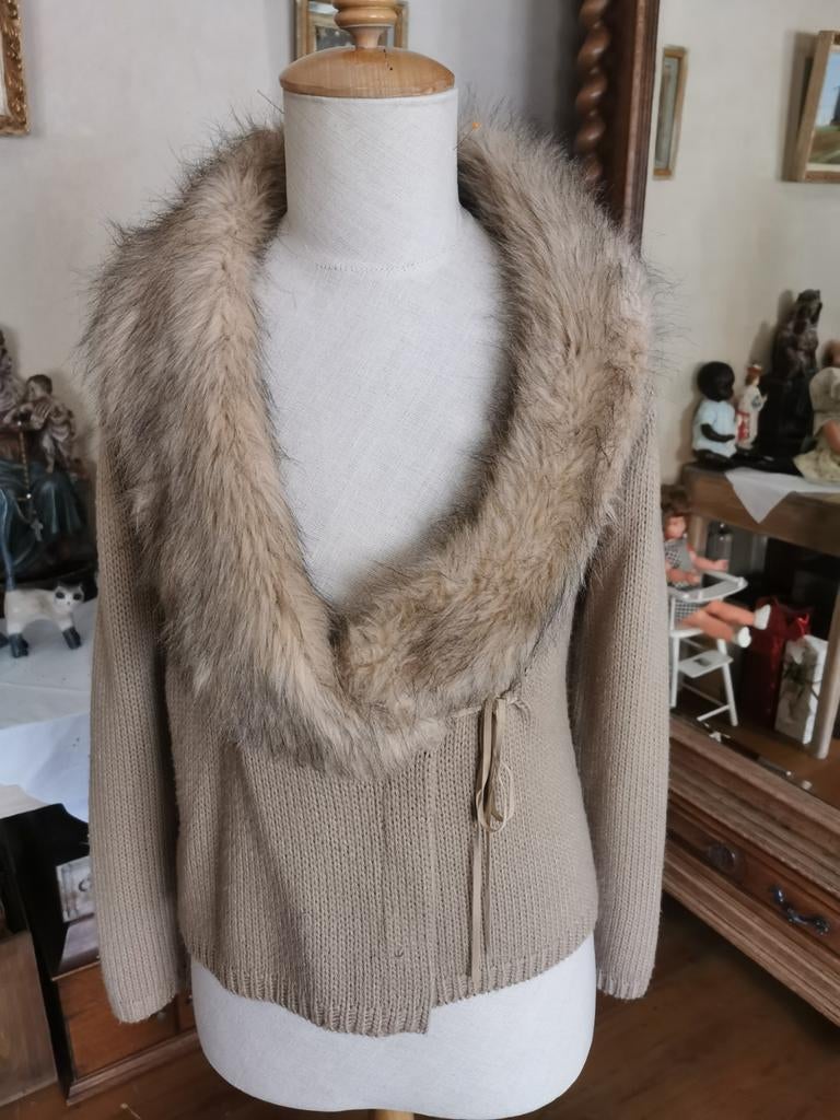 Heel mooie beige cardigan met kraag in nep bont, Kleding | Dames, Ophalen of Verzenden, Zo goed als nieuw, Maat 38/40 (M), Beige