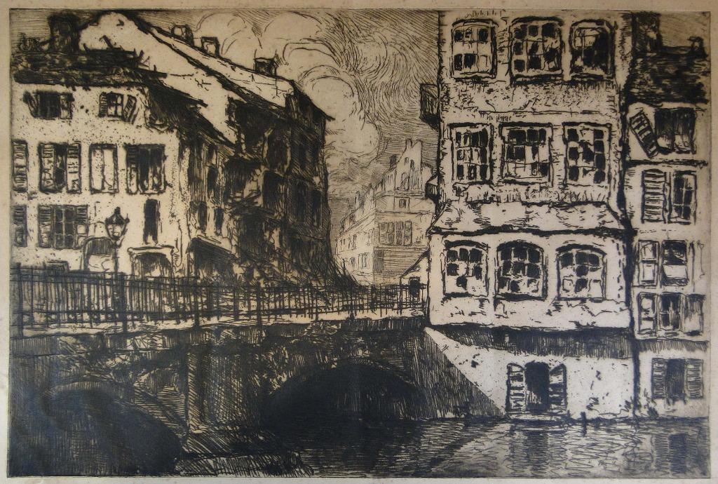 gravure --- Stadszicht met brug, Antiek en Kunst, Kunst | Etsen en Gravures, Ophalen of Verzenden