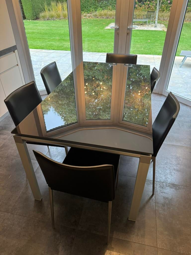 Table à manger moderne avec plateau en verre -6 chaises cuir, Maison & Meubles, Enlèvement, Comme neuf