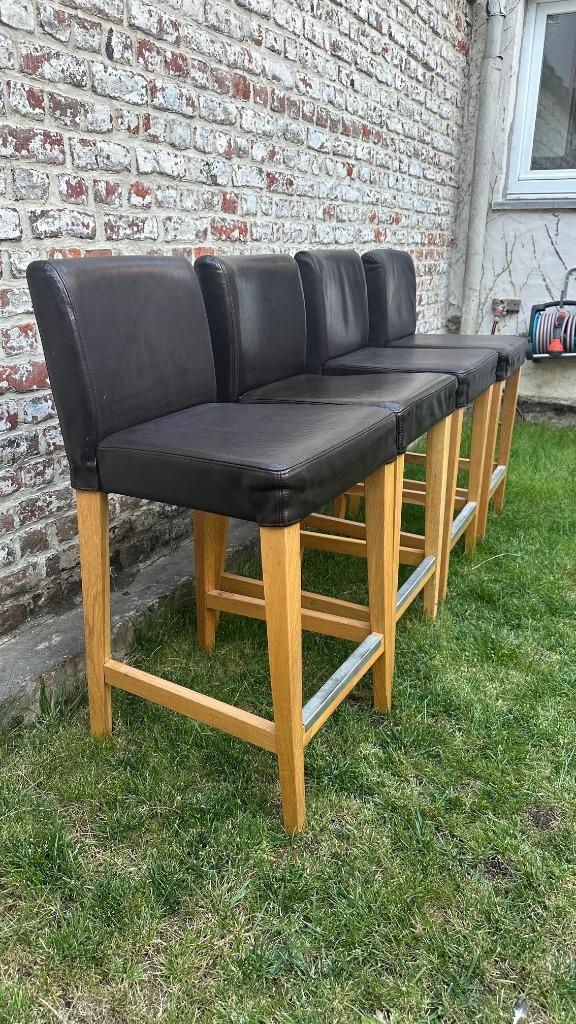 IKEA tabourets de bar en chêne et cuir brun, Maison & Meubles, Tabourets de bar, 4 tabourets, Enlèvement, Utilisé, 60 à 90 cm