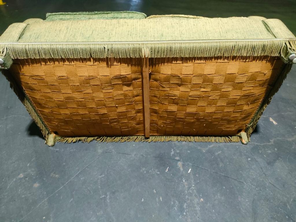 Olijfgroene vintage 2-zitsbank 157 cm, Ophalen, Gebruikt, 150 tot 200 cm, Tweepersoons